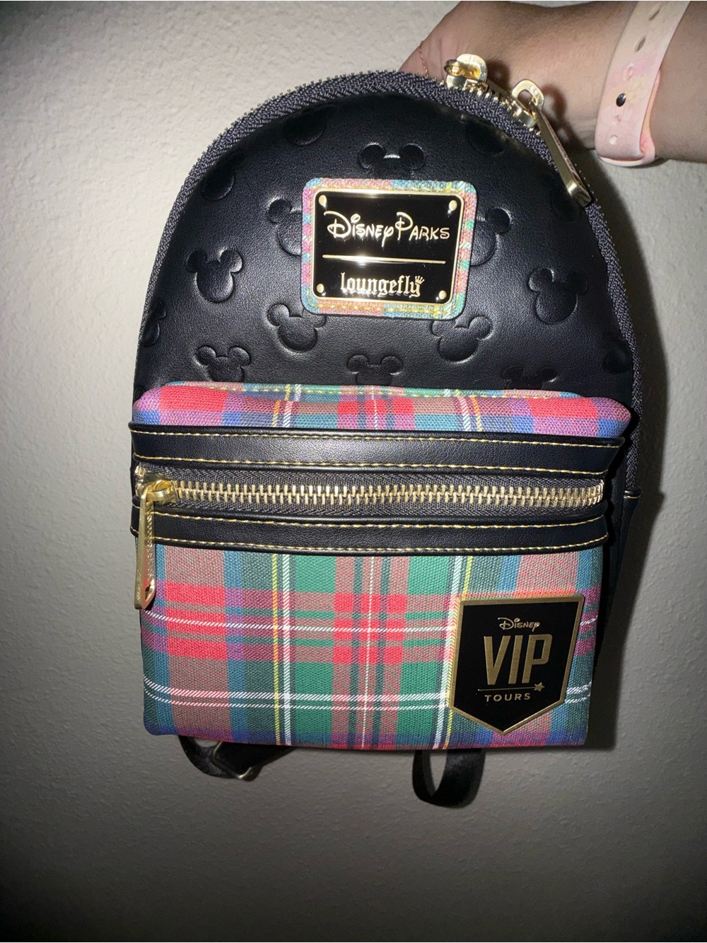VIP Loungefly Black Embossed Mickey & Red Green Plaid Mini Backpack
